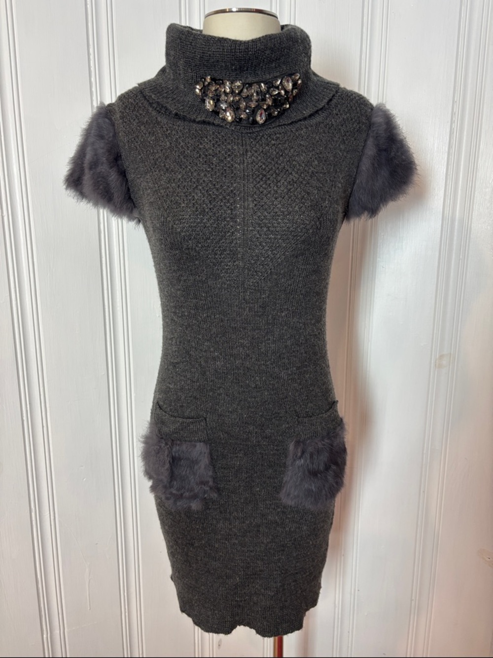 Even Charcoal Wool Blend Sweater Dress Real Fur Rhinestone Collar -Size L